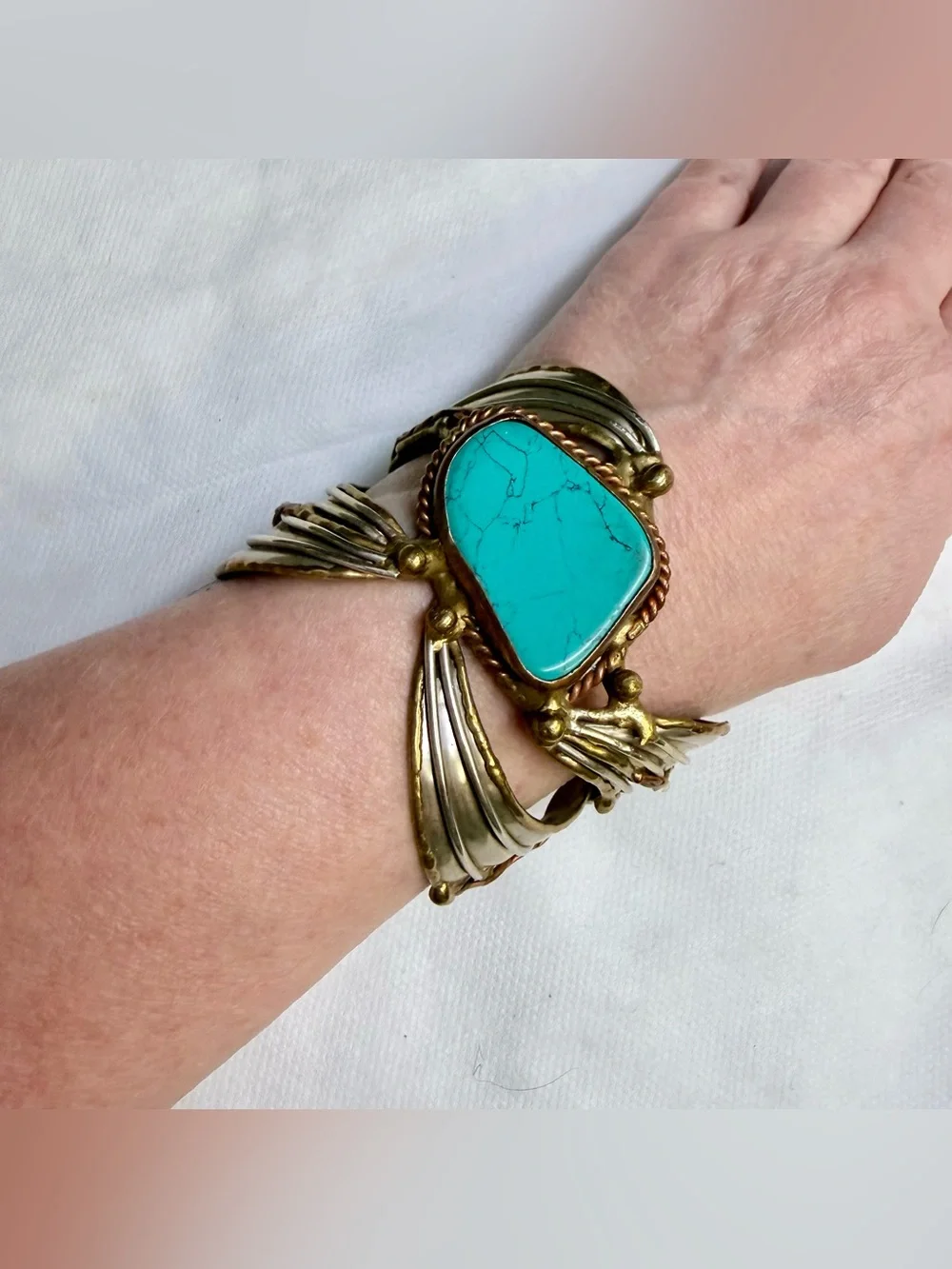 Vintage Statement Southwestern Mixed Metal Turquoise Cuff Bracelet
